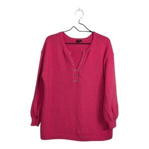 Talbots Plus Hot Pink Knit Pullover Sweater Split V-Neck Golden Ring Details 1X